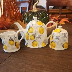 Lemon Design Tea Set with Teapot, Sugar Bowl, and Creamer